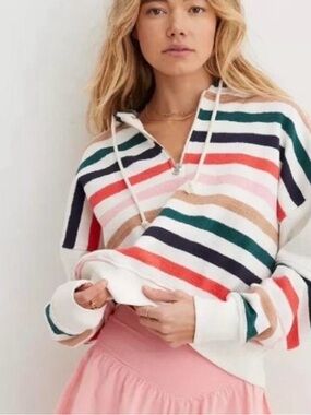⚡️Aerie Cream Half-Zip Sweater with Navy, Green and Coral Stripes